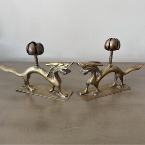 Set Of 2 Antique Brass Dragon Figure With Lotus Flower Candlestick Holder(China)